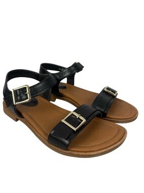 EuroSoft by Sofft Classic Black Buckle Strap Flat Tan Footbed Sandals - Size 8M